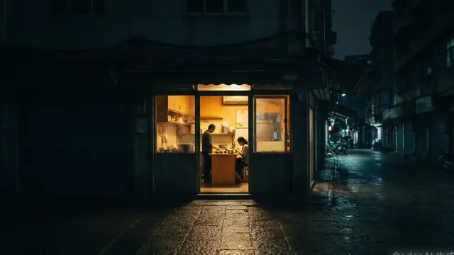 AI 生成影片画面：夜色中的面馆
