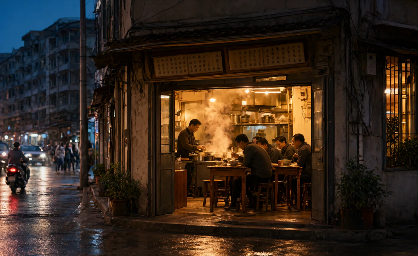 夜晚街边的面馆,店主在灶前忙碌